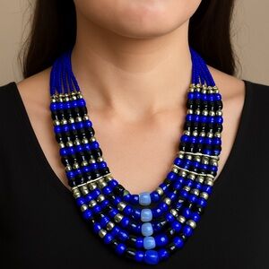 Tribal Style Necklace Blue Black Silver beads 22”